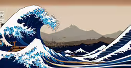 a giant wave is shown with the sky and ground,an artistic painting shows a large wave on water