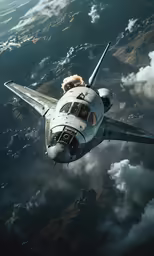 the person is flying on a space shuttle