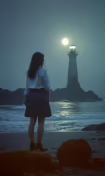 a woman looking out to the ocean as the moon sets