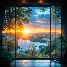 the sun sets on the lake seen from a window