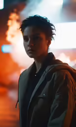 a woman in black jacket and jacket standing with a street light behind her