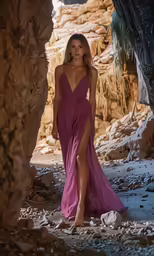 a woman in a dress walking through an underpass