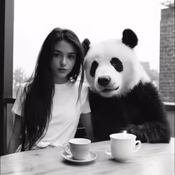 a girl poses next to a large panda doll
