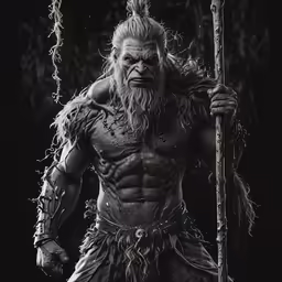 a very hairy man holding on to a stick
