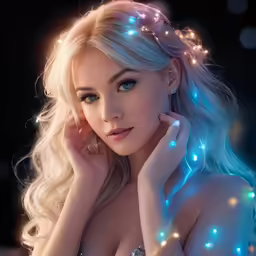 a young blond woman is posing with blue lights