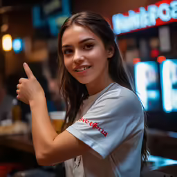 there is a woman that is smiling and giving a thumbs up