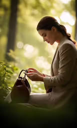 a woman in a long beige jacket is sitting on the ground