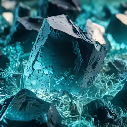 ice crystals with small pieces of green sitting on a bed of moss