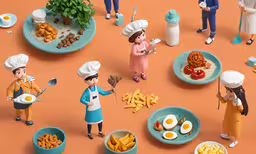 a number of plates and bowls on a table with food,an arrangement of miniature chefs serving breakfast food