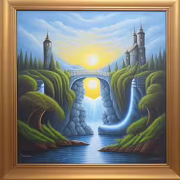 this is an oil painting of a fantasy scene,a painting of a bridge over a river that is going into a castle