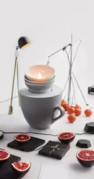a table with plates, bowls, and a light on it