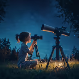 little girl sitting down and looking into the night sky with her telescope