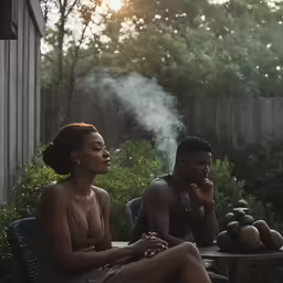 there are two people sitting together outside eating