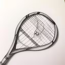 a drawing of a tennis racquet on a white paper,this tennis racket has been designed and is drawing in charcoal,an illustration of a tennis racket with time in the background,a drawing of a tennis racket resting on a white surface,this is a graph artwork depicting a tennis racket on paper