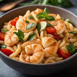 a pasta salad with shrimp and tomato is served in a bowl