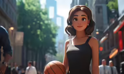 a cartoon girl holding a basketball and looking up at the sky