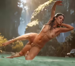 naked woman on water surface in the mountains