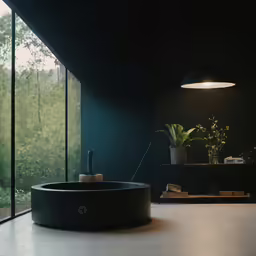 a bath tub is in front of glass windows
