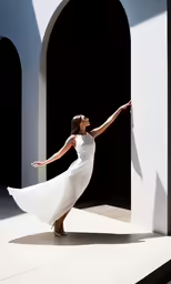 the woman is posing in front of pillars holding her arm out