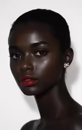 the woman has a black dress and red lips