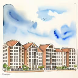 a watercolor sketch of many buildings against a cloudy sky,watercolor drawing of apartment buildings next to blue and white clouds,drawing of the front of a two story apartment complex,a painting shows some building type buildings near the clouds,a drawing of several tall buildings near trees