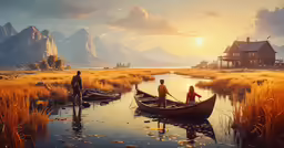 the painting is depicting two people in a rowboat