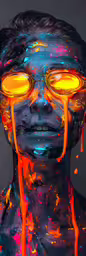the woman is wearing orange glasses and a colorful body paint,an orange - eye humanoid is illuminated against grey background