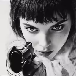a woman with short hair holding up a camera