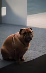 a large dog sits on a sidewalk, looking to its left