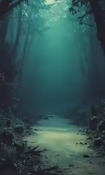 a path going through the forest with trees and shrubs