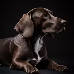 a large brown dog laying down on a dark background