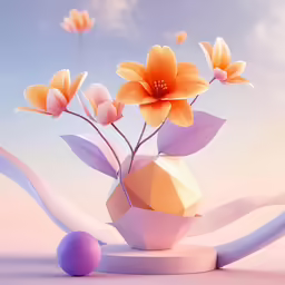 a plant with flowers sits in a vase with a rock