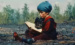 a boy with a camera sits on a rocky area while reading