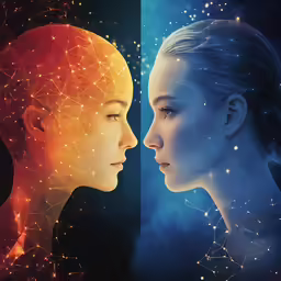 two women are looking at each other with space in the background