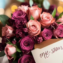a bouquet of roses that is sitting next to a sign