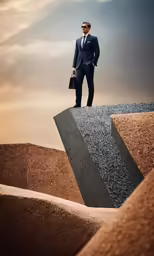 a business man with a briefcase is standing on top of a steep