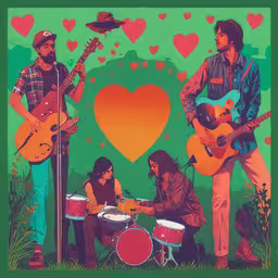 an art print with three people in front of a heart,a group of people playing guitars and playing drums on stage