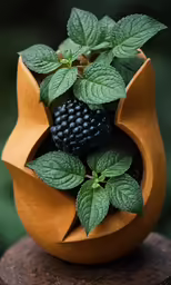 this is a small plant in a orange vase with green leaves