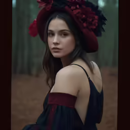 a woman wearing a red hat and blue dress