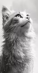 a wet cat staring up while standing in the snow