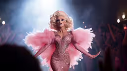 a woman in a pink dress performing in front of an audience,a blonde model wearing a pink dress while standing in a crowd