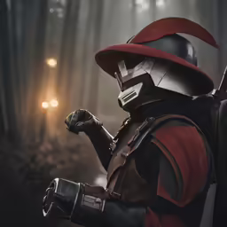 a star wars character stands in the woods at night, holding his gun