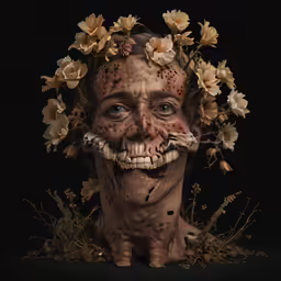 a photo made to look like the head of a woman with makeup and flowers in her hair