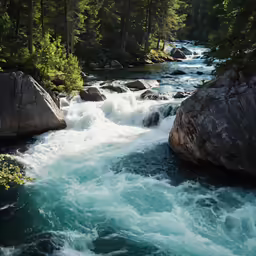 a river that is next to rocks and trees