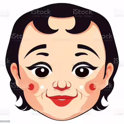 a child with a weird face with eyes,an open minded face with big eyes and an asian hairdol, royalty illustration