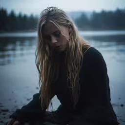a young woman sitting on the ground in front of a lake