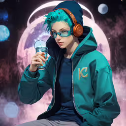 a boy is sitting down in headphones while holding a water bottle,a man wearing headphones is sitting and holding a cup
