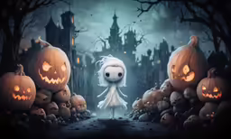 a young girl standing next to pumpkins in a graveyard