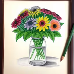 a drawing of a flower bouquet inside a glass vase,a drawing of flowers in a vase with a green pencil,a drawing of flowers in a jar and the name pencil,a drawing of flowers in a glass with colored pencils,a drawing of flowers in a glass with a pencil