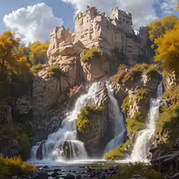 an image of a waterfall with a mountain in the background